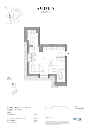 1 pokój, mieszkanie 32,18 m², piętro 3, oferta nr I.03.M.08, SUDEA, Wrocław, Borek, Krzyki, ul. Sudecka