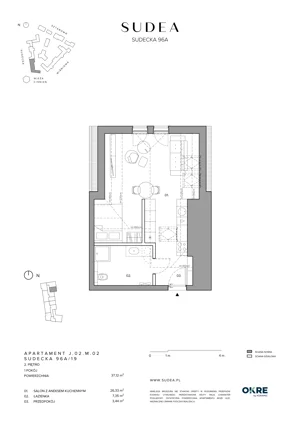 1 pokój, mieszkanie 37,12 m², piętro 2, oferta nr J.02.M.02, SUDEA, Wrocław, Borek, Krzyki, ul. Sudecka