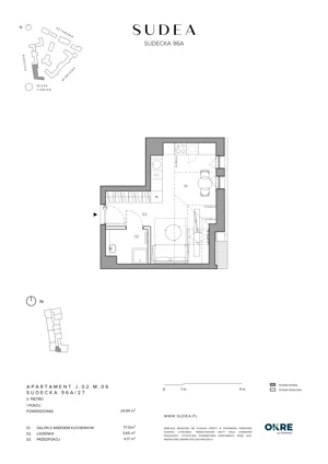 1 pokój, mieszkanie 24,94 m², piętro 2, oferta nr J.02.M.06, SUDEA, Wrocław, Borek, Krzyki, ul. Sudecka
