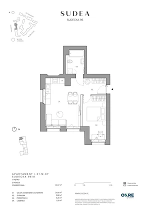 2 pokoje, mieszkanie 43,67 m², piętro 1, oferta nr I.01.M.07, SUDEA, Wrocław, Borek, Krzyki, ul. Sudecka