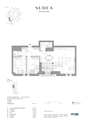 3 pokoje, mieszkanie 80,22 m², piętro 2, oferta nr J.02.M.09, SUDEA, Wrocław, Borek, Krzyki, ul. Sudecka