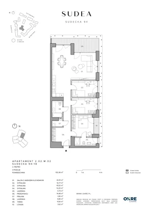 4 pokoje, mieszkanie 102,36 m², piętro 2, oferta nr 2.02.M.02, SUDEA, Wrocław, Borek, Krzyki, ul. Sudecka