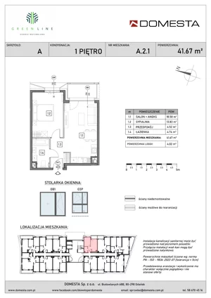 2 pokoje, mieszkanie 41,67 m², piętro 1, oferta nr A.2.1, GreenLine, Gdańsk, Piecki-Migowo, Matemblewo, ul. Rakoczego