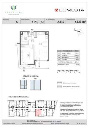 2 pokoje, mieszkanie 43,18 m², piętro 7, oferta nr A.8.6, GreenLine, Gdańsk, Piecki-Migowo, Matemblewo, ul. Rakoczego