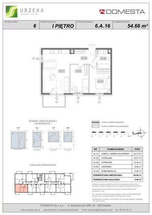 3 pokoje, mieszkanie 54,66 m², piętro 1, oferta nr 6.A.16, Urzeka - budynek 6 , Gdańsk, Jasień, ul. Guderskiego / Czermińskiego