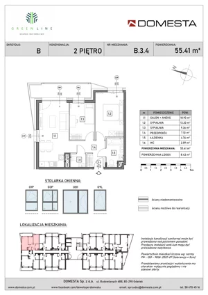 3 pokoje, mieszkanie 55,41 m², piętro 2, oferta nr B.3.4, GreenLine, Gdańsk, Piecki-Migowo, Matemblewo, ul. Rakoczego