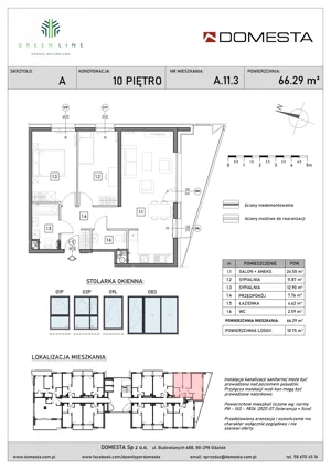 3 pokoje, mieszkanie 66,29 m², piętro 10, oferta nr A.11.3, GreenLine, Gdańsk, Piecki-Migowo, Matemblewo, ul. Rakoczego