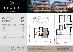 3 pokoje, mieszkanie 65,70 m², piętro 3, oferta nr B4.B.3.02, Prado, Katowice, Piotrowice-Ochojec, Piotrowice, ul. Wojska Polskiego