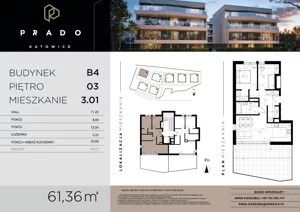 3 pokoje, mieszkanie 61,36 m², piętro 3, oferta nr B4.B.3.01, Prado, Katowice, Piotrowice-Ochojec, Piotrowice, ul. Wojska Polskiego