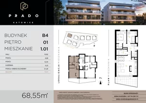 3 pokoje, mieszkanie 68,55 m², piętro 1, oferta nr B4.B.1.01, Prado, Katowice, Piotrowice-Ochojec, Piotrowice, ul. Wojska Polskiego