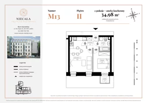 2 pokoje, apartament 34,98 m², piętro 2, oferta nr M13, Niecała Prestige Residence, Lublin, Śródmieście, ul. Niecała 20