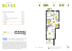 3 pokoje, mieszkanie 57,57 m², piętro 3, oferta nr B-C3M1, Osiedle Blask, Łódź, Bałuty, ul. Smugowa 24
