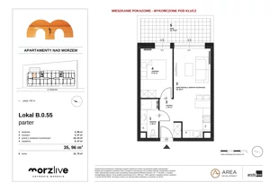 2 pokoje, mieszkanie 35,96 m², parter, oferta nr B.0.55 wykończone pod klucz, Morzlive etap 1, Ustronie Morskie, ul. Graniczna 4
