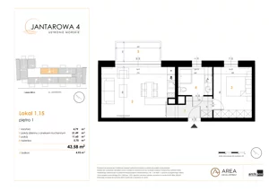 2 pokoje, mieszkanie 43,58 m², piętro 1, oferta nr 1.15, Jantarowa 4, Ustronie Morskie, ul. Jantarowa 4
