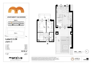 3 pokoje, mieszkanie 62,56 m², piętro 3, oferta nr C.3.39, Morzlive etap 2, Ustronie Morskie, ul. Graniczna 4