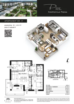 3 pokoje, mieszkanie 61,28 m², piętro 3, oferta nr 17, Piano Park bud. H, Suwałki, Czarnoziem, ul. Witolda "Rotmistrza" Pileckiego 5A