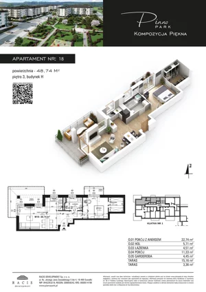 2 pokoje, mieszkanie 48,74 m², piętro 3, oferta nr 18, Piano Park bud. H, Suwałki, Czarnoziem, ul. Witolda "Rotmistrza" Pileckiego 5A