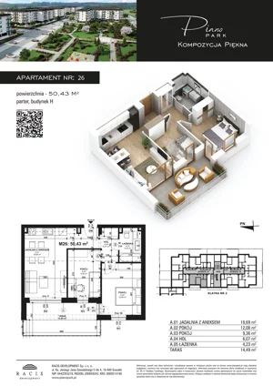 3 pokoje, mieszkanie 50,43 m², parter, oferta nr 26, Piano Park bud. H, Suwałki, Czarnoziem, ul. Witolda "Rotmistrza" Pileckiego 5A