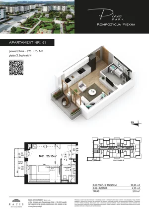 1 pokój, mieszkanie 25,15 m², piętro 3, oferta nr 61, Piano Park bud. H, Suwałki, Czarnoziem, ul. Witolda "Rotmistrza" Pileckiego 5A