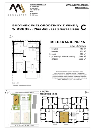 2 pokoje, mieszkanie 35,82 m², piętro 2, oferta nr 15, Osiedle Dobre, Dobra, Pl. Juliusza Słowackiego