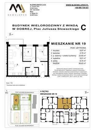 3 pokoje, mieszkanie 56,63 m², piętro 2, oferta nr 19, Osiedle Dobre, Dobra, Pl. Juliusza Słowackiego