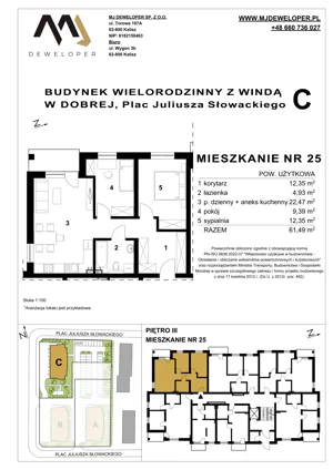 3 pokoje, mieszkanie 61,49 m², piętro 3, oferta nr 25, Osiedle Dobre, Dobra, Pl. Juliusza Słowackiego