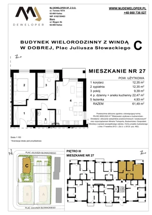 3 pokoje, mieszkanie 61,49 m², piętro 3, oferta nr 27, Osiedle Dobre, Dobra, Pl. Juliusza Słowackiego
