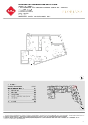 1 pokój, mieszkanie 44,60 m², piętro 2, oferta nr A1.2.17, ATAL Floriana, Szczecin, Śródmieście, Łasztownia, św. Floriana
