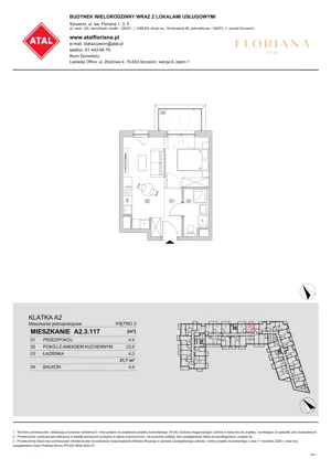 1 pokój, mieszkanie 31,70 m², piętro 3, oferta nr A2.3.117, ATAL Floriana, Szczecin, Śródmieście, Łasztownia, św. Floriana