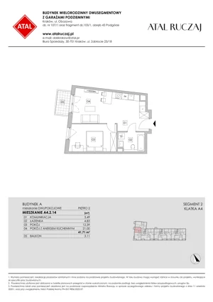 2 pokoje, mieszkanie 41,71 m², piętro 2, oferta nr A4.2.14, ATAL Ruczaj, Kraków, Łagiewniki-Borek Fałęcki, Borek Fałęcki, ul. Obozowa