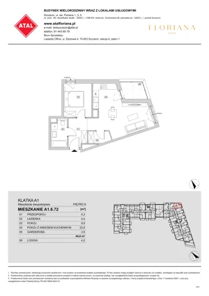 2 pokoje, mieszkanie 44,60 m², piętro 6, oferta nr A1.6.72, ATAL Floriana, Szczecin, Śródmieście, Łasztownia, św. Floriana