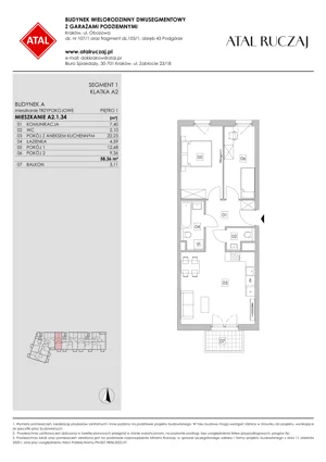 3 pokoje, mieszkanie 58,36 m², piętro 1, oferta nr A2.1.34, ATAL Ruczaj, Kraków, Łagiewniki-Borek Fałęcki, Borek Fałęcki, ul. Obozowa
