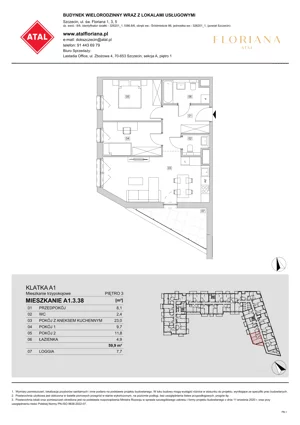 3 pokoje, mieszkanie 59,90 m², piętro 3, oferta nr A1.3.38, ATAL Floriana, Szczecin, Śródmieście, Łasztownia, św. Floriana