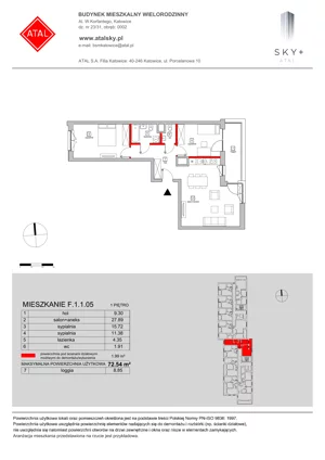 3 pokoje, mieszkanie 72,54 m², piętro 1, oferta nr F.1.1.05, ATAL SKY+, Katowice, Wełnowiec-Józefowiec, Wełnowiec, al. Wojciecha Korfantego 85-89