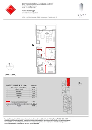 3 pokoje, mieszkanie 72,55 m², piętro 1, oferta nr F.2.1.06, ATAL SKY+, Katowice, Wełnowiec-Józefowiec, Wełnowiec, al. Wojciecha Korfantego 85-89