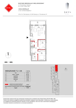 3 pokoje, mieszkanie 72,55 m², piętro 1, oferta nr F.2.1.06, ATAL SKY+, Katowice, Wełnowiec-Józefowiec, Wełnowiec, al. Wojciecha Korfantego 85-89