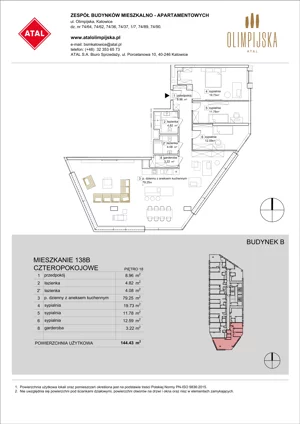 4 pokoje, mieszkanie 144,43 m², piętro 18, oferta nr B-18-138B, ATAL Olimpijska, Katowice, Bogucice, ul. Olimpijska / al. Korfantego