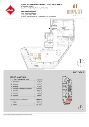 4 pokoje, mieszkanie 116,84 m², piętro 8, oferta nr B-08-58B, ATAL Olimpijska, Katowice, Bogucice, ul. Olimpijska / al. Korfantego