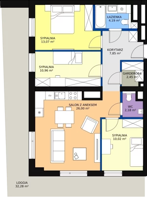 4 pokoje, mieszkanie 76,74 m², piętro 1, oferta nr A-01-04A, ATAL Olimpijska, Katowice, Bogucice, ul. Olimpijska / al. Korfantego