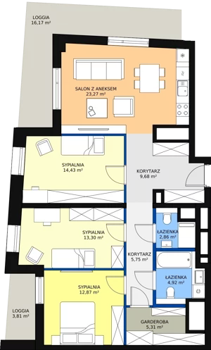 4 pokoje, mieszkanie 92,23 m², piętro 13, oferta nr A-13-166A, ATAL Olimpijska, Katowice, Bogucice, ul. Olimpijska / al. Korfantego