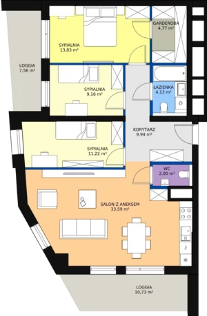 4 pokoje, mieszkanie 88,13 m², piętro 4, oferta nr C-04-35C, ATAL Olimpijska, Katowice, Bogucice, ul. Olimpijska / al. Korfantego