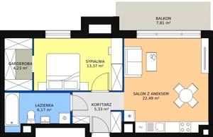 2 pokoje, mieszkanie 51,45 m², piętro 1, oferta nr B 1.7, Melody Park, Łódź, Śródmieście, Śródmieście-Wschód, ul. Pomorska 72/74