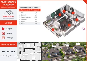 3 pokoje, mieszkanie 63,40 m², piętro 1, oferta nr B5, Apartamenty Tabelowa - Budynek B, Łódź, Górna, ul. Tabelowa 27