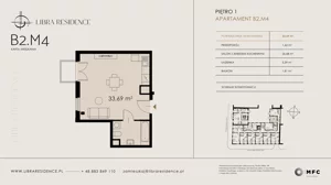 1 pokój, mieszkanie 33,69 m², piętro 1, oferta nr B2.M4, Libra Residence, Kraków, Stare Miasto, ul. Librowszczyzna 3 / Bonerowska 1