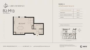 1 pokój, mieszkanie 43,16 m², piętro 2, oferta nr B2.M13, Libra Residence, Kraków, Stare Miasto, ul. Librowszczyzna 3 / Bonerowska 1