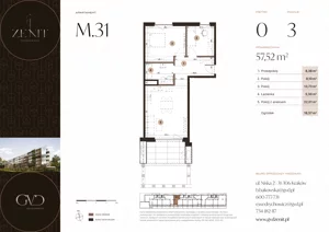 3 pokoje, apartament 57,52 m², parter, oferta nr M31, ZENIT Głowackiego, Kraków, Bronowice, ul. Głowackiego 22