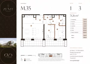 3 pokoje, apartament 71,26 m², piętro 1, oferta nr M35, ZENIT Głowackiego, Kraków, Bronowice, ul. Głowackiego 22