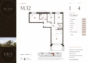 4 pokoje, apartament 73,34 m², piętro 1, oferta nr M32, ZENIT Głowackiego, Kraków, Bronowice, ul. Głowackiego 22