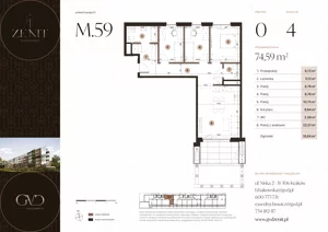 4 pokoje, apartament 74,59 m², piętro 1, oferta nr M63, ZENIT Głowackiego, Kraków, Bronowice, ul. Głowackiego 22