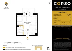 1 pokój, mieszkanie 32,89 m², piętro 1, oferta nr 5, CORSO - etap I, Łódź, Polesie, Stare Polesie, ul. Kasprzaka 5